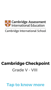 Cambridge Assessment International Education logo. The text overlay promotes Secondary Checkpoint from Grade 5 to Grade 8 affiliation at Panbai International School in Santacruz, Mumbai, along with a clickable 'Know More' tab. The image emphasizes the school's affiliation with Cambridge and its checkpoint educational offering