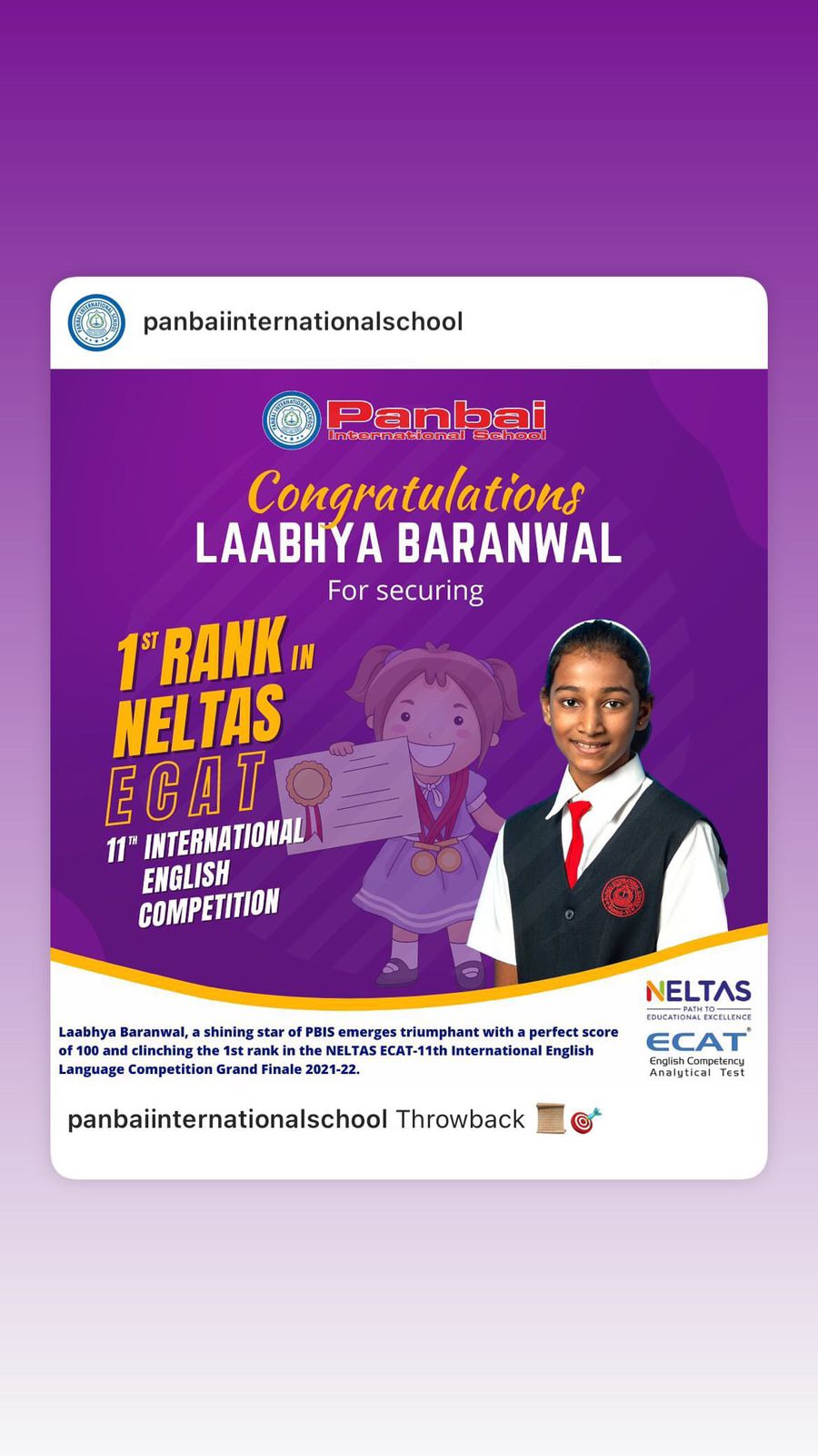 first rank in nelktas from Panbai international school