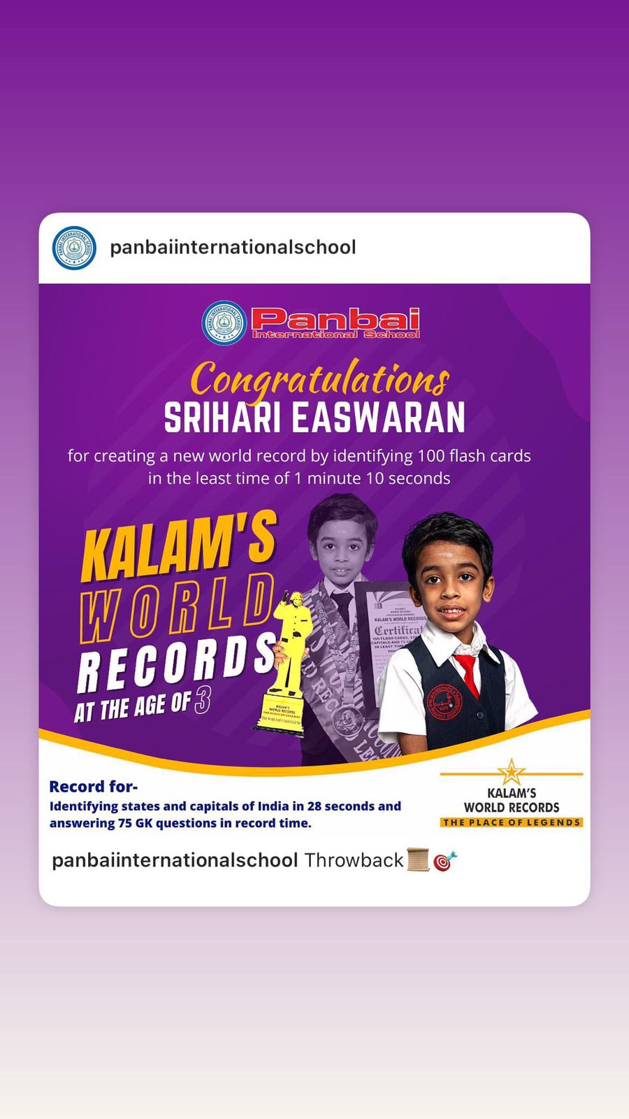 Preschool boy with winning abdul kalam world record