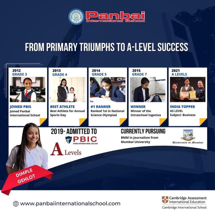 Visual timeline of Dimple Gehlot's academic journey, highlighting her achievement as India Topper in Business Studies at Panbai, completion of A Level and subsequent admission to a top Mumbai University