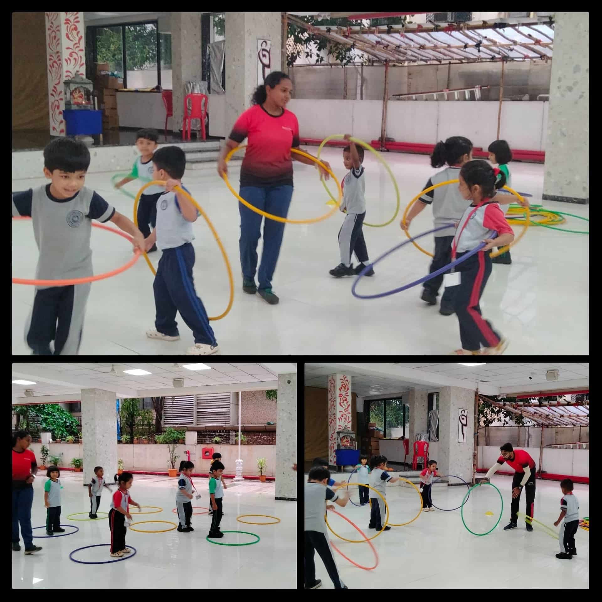 Preschool students at Panbai International School engaging in a physical activity with hula hoops, promoting active learning and motor skills development