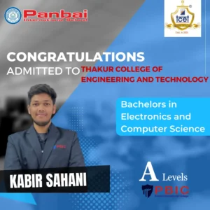 Congratulations to Kabir Sahani for securing admission to Thakur College of Engineering and Technology in the field of Electronics and Computer Science. A proud achievement after successfully completing A levels at Panbai International School, Mumbai