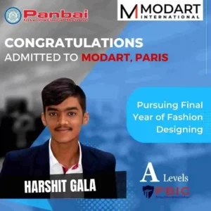 Cheers to Harshit Gala, a distinguished graduate of Panbai International College, Mumbai! 🎓 Currently in the final year at ModArt, Paris, pursuing a remarkable journey after completing A levels. The image captures Harshit's style in a celebratory setting with a creative grey and blue design, showcasing logos of Panbai International College and ModArt, Paris. Discover the unique paths our alumni tread at Panbai International School, Santacruz. top-notch-a level-school-mumbai-#PanbaiAlumni #SuccessStories #GlobalEducation