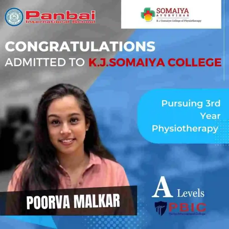 Congratulations to Dr. Poorva Malkar, an accomplished alumna of Best-a level-school-in-mumbai-Panbai International School, Santacruz East, Mumbai! 🎓 Poorva completed her A levels in the Science stream at Panbai International School and has successfully completed her studies in Physiotherapy at K. J. Somaiya. The image captures Dr. Poorva in a professional setting with a creative grey and blue design, featuring the logos of Panbai International School and K. J. Somaiya. Explore the diverse achievements of our alumni at Panbai International School, Santacruz. #PanbaiAlumni #SuccessStories #MedicalEducation