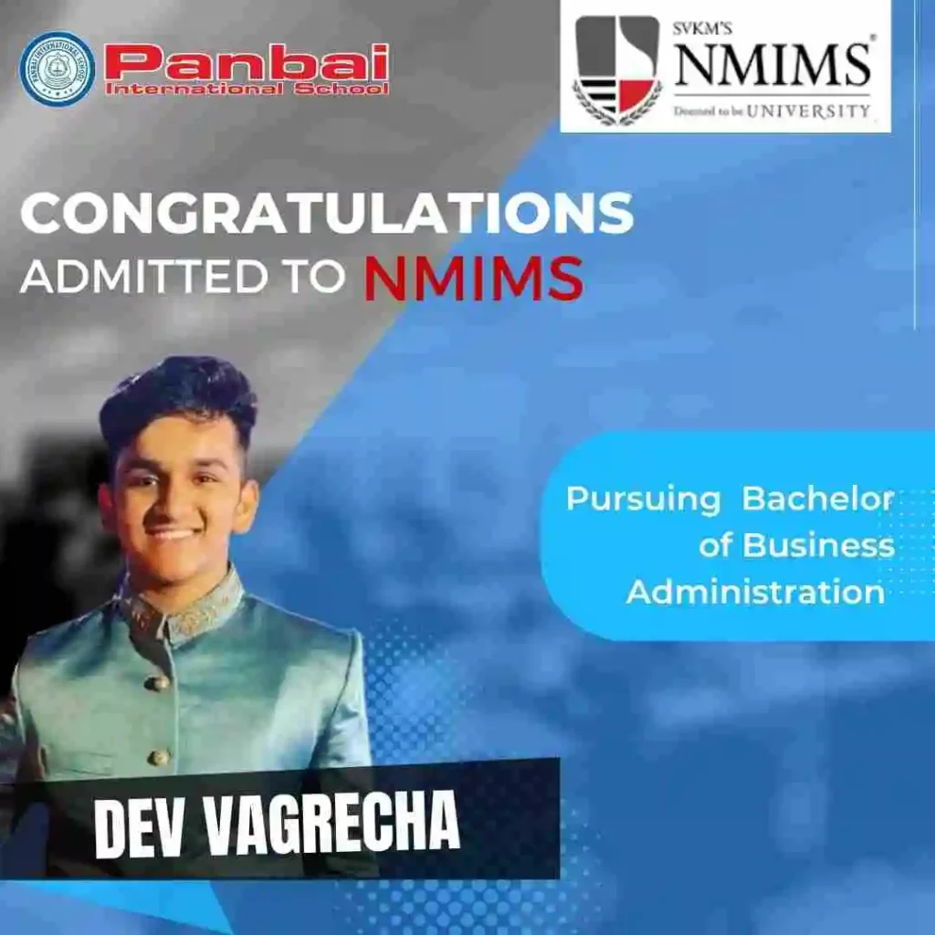 Congratulations to Dev Vagrecha, a distinguished graduate of Panbai International School, Santacruz East, Mumbai! 🎓 Dev completed his education at Panbai International School and is currently on the path to a Bachelor of Business Administration at NMIMS, Mumbai. The image captures Dev's academic journey with a creative grey and blue design, showcasing the logos of Panbai International School and NMIMS. Explore the diverse successes of our alumni at Panbai International School, Santacruz. #PanbaiAlumni #SuccessStories #BusinessEducation