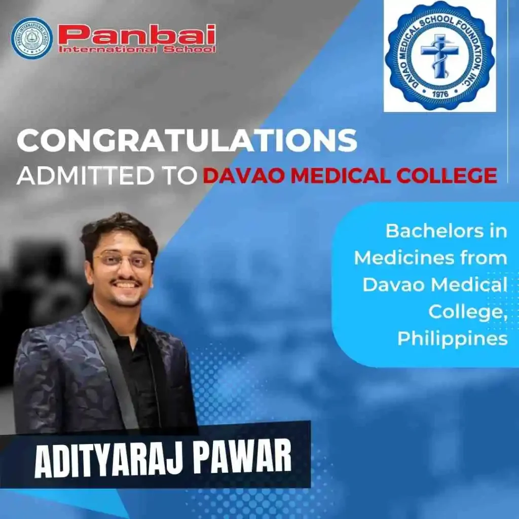 Congratulations to Adityaraj Pawar, a distinguished alum of Panbai International School! 🎓🌟 Now embarked on a journey at Davao Medical College, Philippines, pursuing a Bachelor of Medicine. The image captures the proud moment, showcasing Adityaraj in a black blazer adorned with a creative grey and blue congratulatory sash. The backdrop features the Panbai International School logo alongside the emblem of Davao Medical College. Wishing Adityaraj continued success on this remarkable academic journey