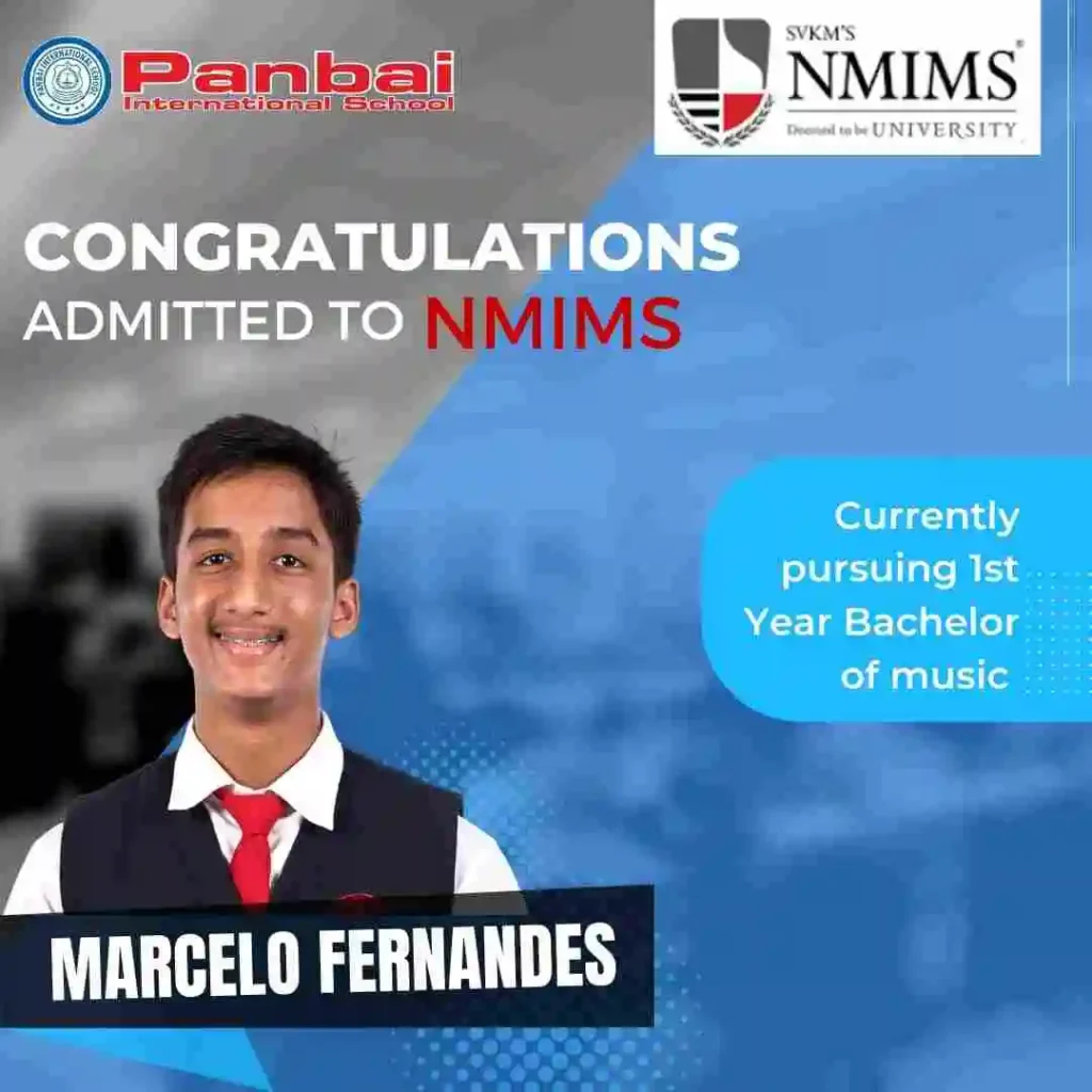 Celebrating Marcelo Fernandes, a proud graduate of Panbai International School, Santacruz East, Mumbai! 🎓 Marcelo completed his IGCSE and is currently immersed in his Bachelor's in Music journey at NMIMS, Mumbai. The image showcases Marcelo's musical flair in a vibrant setting with a creative grey and blue design, featuring the logos of Panbai International School and NMIMS. Explore the diverse paths our alumni take at Panbai International School, Santacruz. #PanbaiAlumni #SuccessStories #MusicEducation