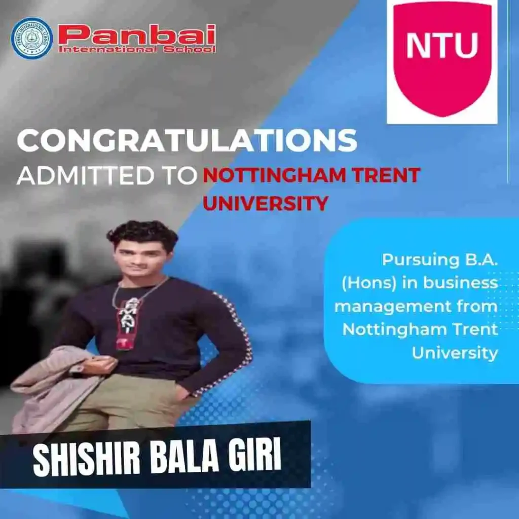 Congratulations to Shishir Bala giri, a proud graduate of Panbai International School, Mumbai, India! 🎓🌟 Currently pursuing a B.A. (Hon.) in Business Administration at Nottingham Trent University, U.K. The image captures Shishir in a black T-shirt, adorned with a creative grey and blue congratulatory design. The backdrop proudly displays the Panbai International School logo alongside the emblem of Nottingham Trent University. Best wishes to Shishir on his academic journey
