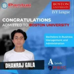 Panbai International School A-Level graduate in a white T-shirt. He has been admitted to Boston University, a prestigious Ivy League institution in the USA, to pursue a Bachelor's course in Business Administration. Notably, he achieved the highest academic distinction by topping the A-Levels in Mumbai for his exceptional performance