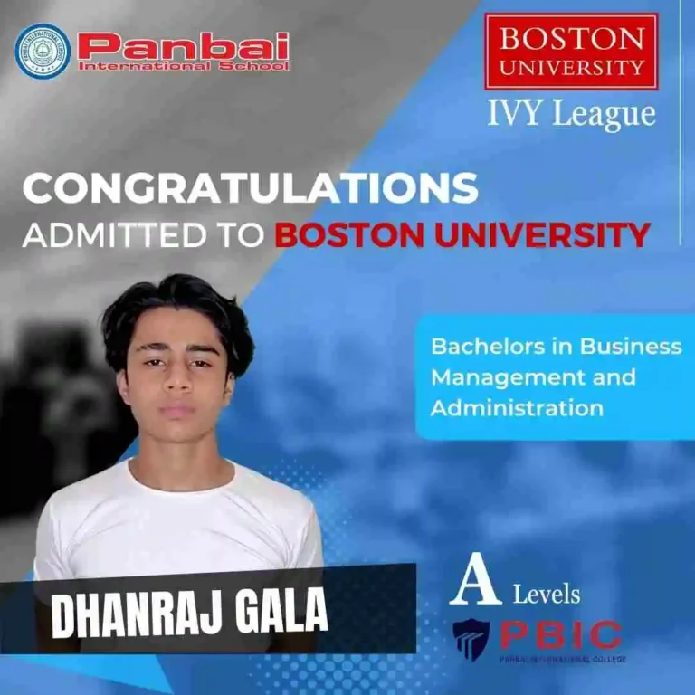 Panbai International School A-Level graduate in a white T-shirt. He has been admitted to Boston University, a prestigious Ivy League institution in the USA, to pursue a Bachelor's course in Business Administration. Notably, he achieved the highest academic distinction by topping the A-Levels in Mumbai for his exceptional performance