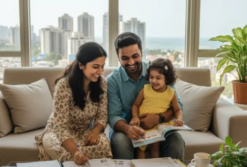 Happy family in Mumbai reviewing school admission forms for their 3-year-old child