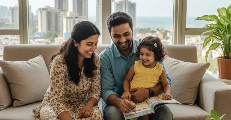 Happy family in Mumbai reviewing school admission forms for their 3-year-old child
