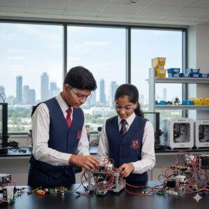 students learning STEM and robotics with teacher guidance at Panbai International School Mumbai, one of the best international schools in Mumbai.