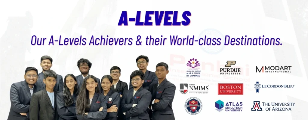 Panbai International School A-Level students in Mumbai celebrating university placements at global institutions including Boston University, Purdue University, NMIMS, ATLAS SkillTech, and University of Arizona under Cambridge A Levels curriculum.