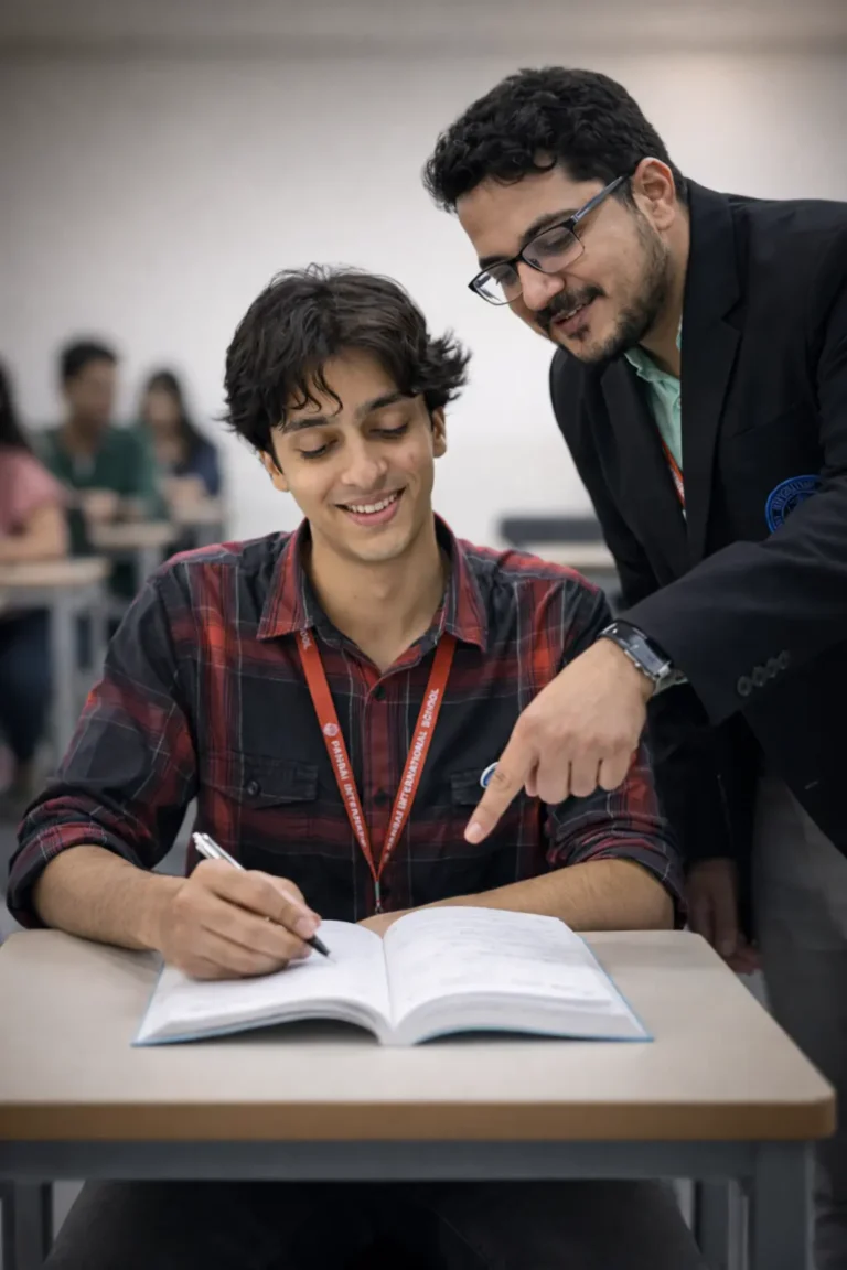 Teacher guiding A-Level student in classroom at Panbai International School Mumbai, showing personalised attention under Cambridge International curriculum.