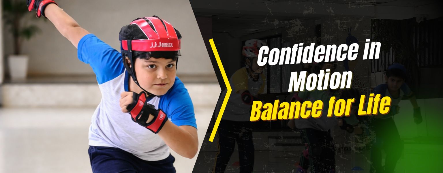 Student practicing roller skating with safety gear at Panbai International School, Mumbai, developing balance, confidence, and physical fitness through structured sports education.
