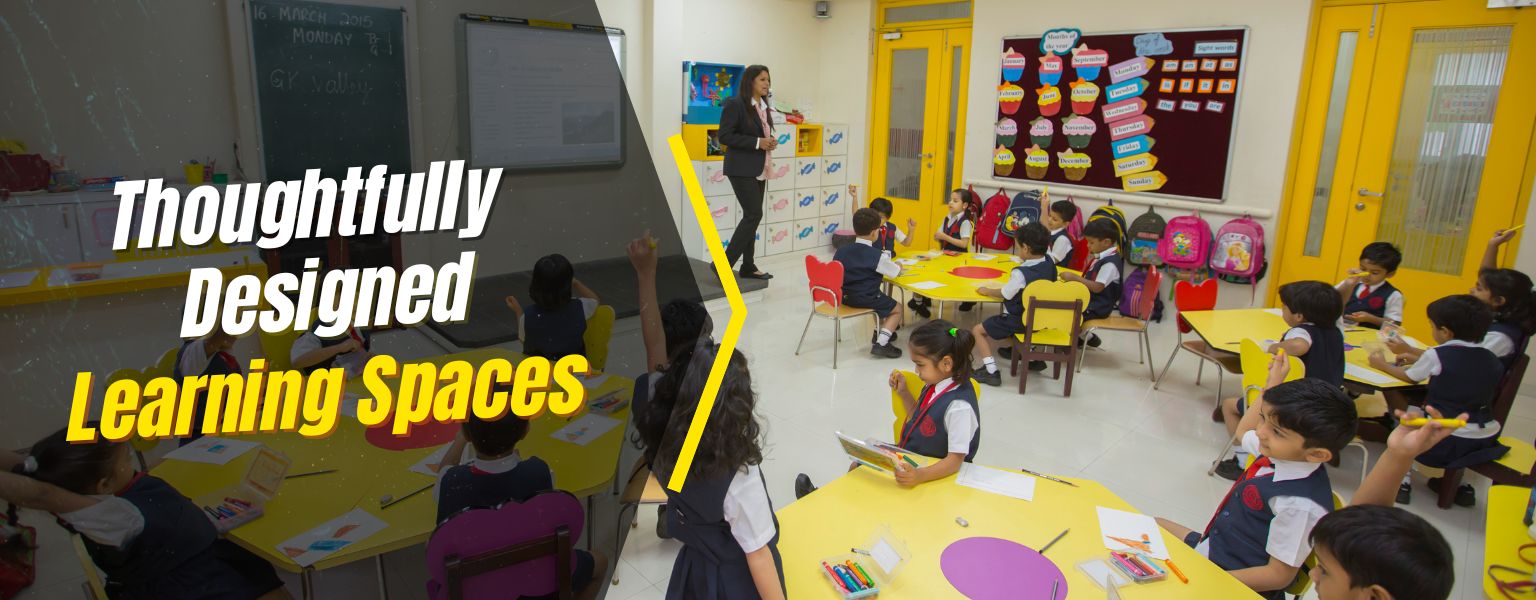 Bright and thoughtfully designed preschool classroom at an international school in Mumbai, where young students engage in interactive learning activities under the guidance of a trained teacher following the Cambridge early years curriculum.
