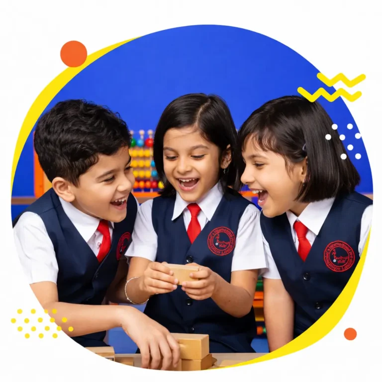 Three preschool children playing and learning together at Panbai's Flamingo Kids Preschool Santacruz