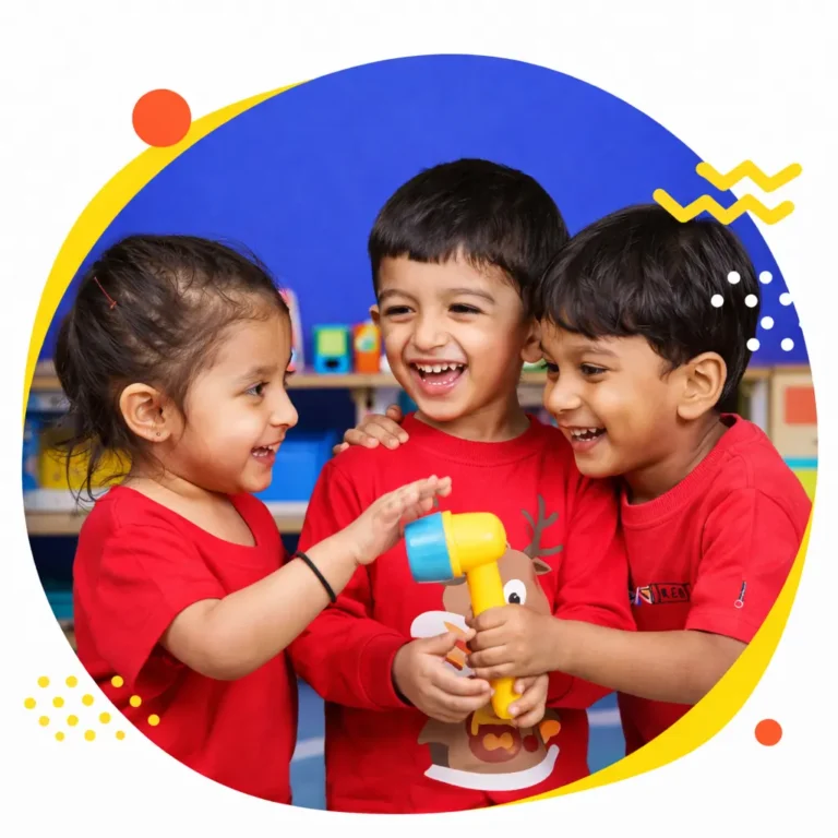 Three preschool children playing happily together at Flamingo Kids Preschool Santacruz