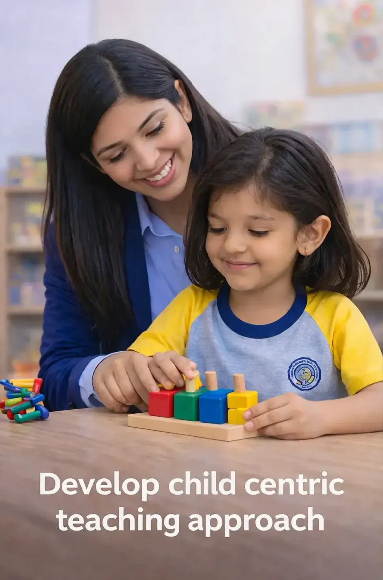 ECCEd teacher in Mumbai guiding preschool child using child-centric teaching methods in classroom