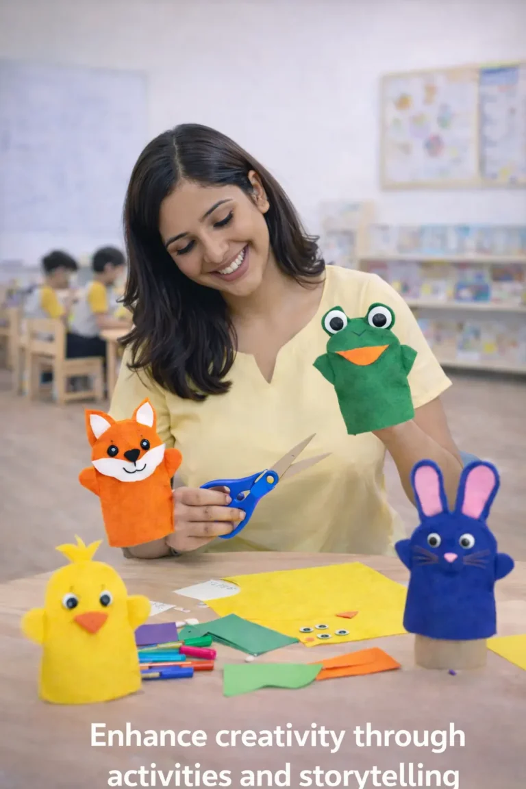 Young ECCEd teacher in Mumbai conducting creative classroom activities using puppets to enhance early childhood learning and storytelling skills