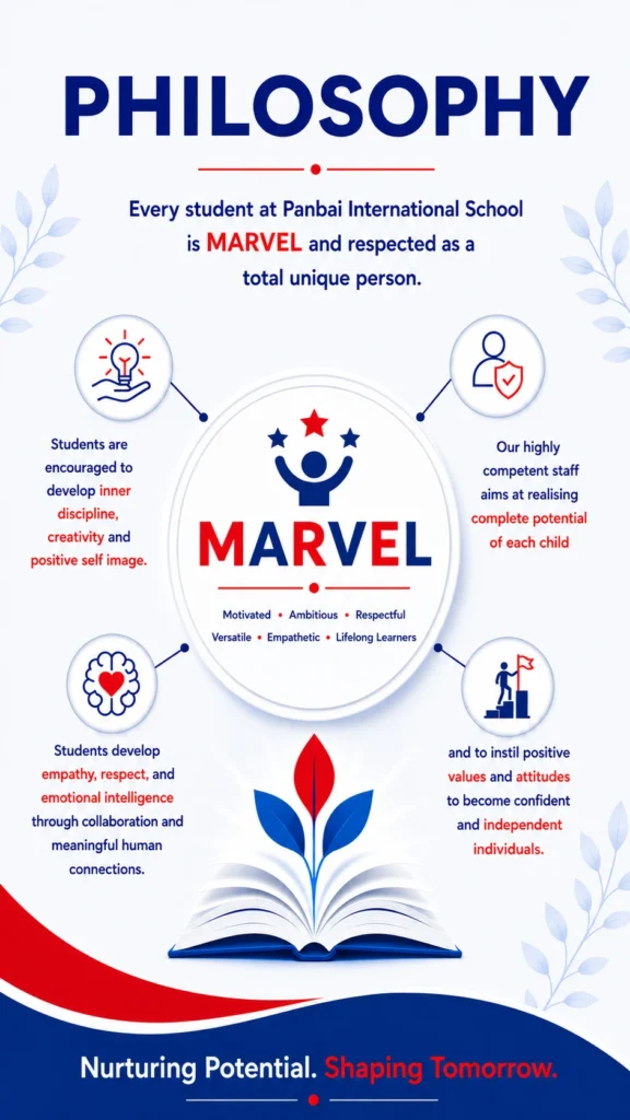 Philosophy infographic of Panbai International School focused on holistic Cambridge education, student growth, empathy, creativity, and experiential learning.