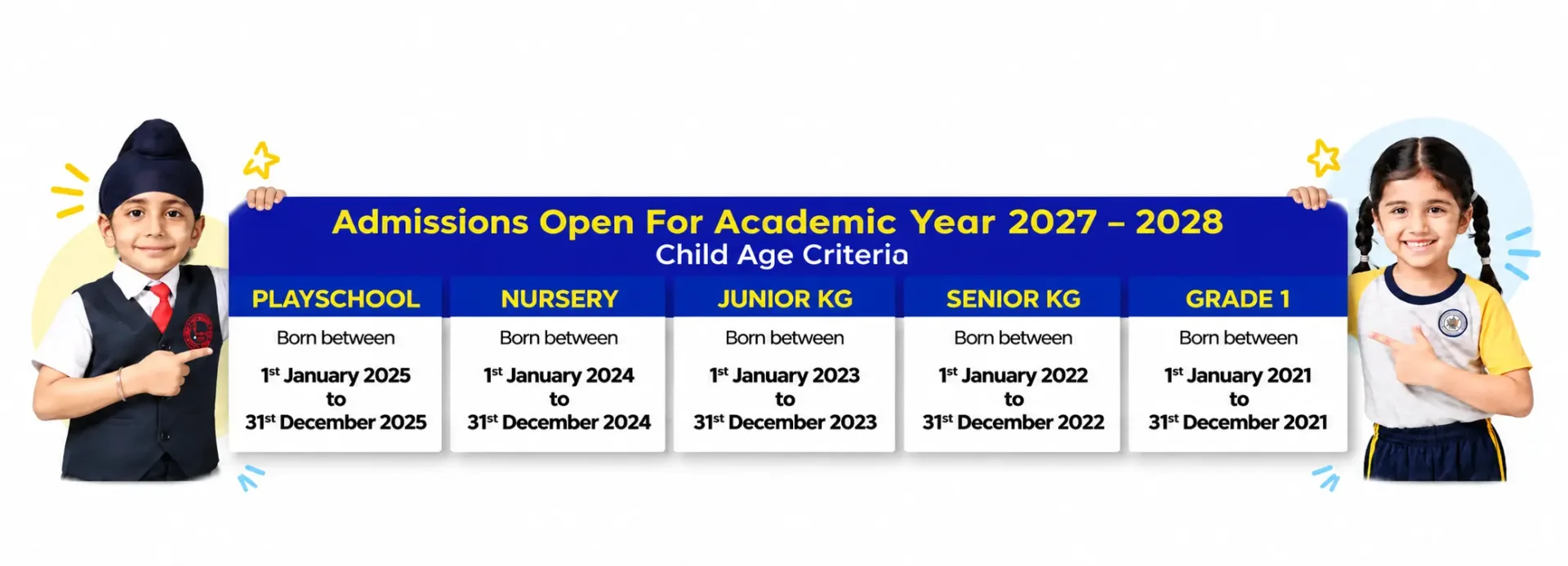 Preschool Admissions 2027–2028 | Age Criteria | Panbai International School Mumbai Admissions open for Academic Year 2027–2028 at Panbai International School, Mumbai, showing preschool age criteria for Playschool, Nursery, Junior KG, Senior KG and Grade 1 admissions.