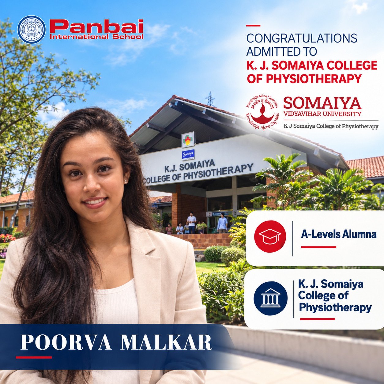 Poorva Malkar, Panbai International School A-Levels alumna, admitted to K. J. Somaiya College of Physiotherapy