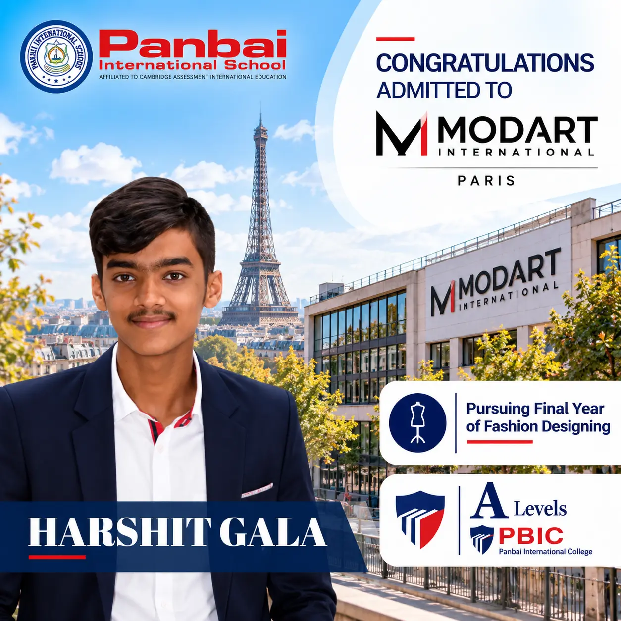 Panbai International School celebrates Harshit Gala’s admission to MODART International, Paris, for Fashion Designing.
