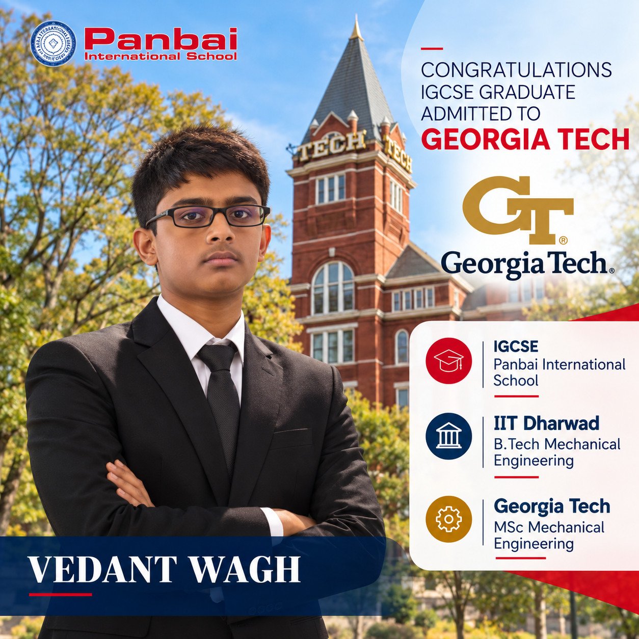 Vedant Wagh, Panbai International School alumnus, pursuing an MSc in Mechanical Engineering at Georgia Tech after IIT Dharwad.