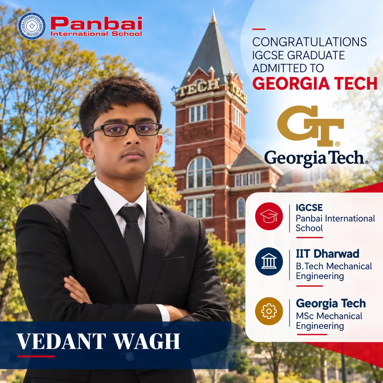 Vedant Wagh, Panbai International School alumnus, pursuing an MSc in Mechanical Engineering at Georgia Tech after IIT Dharwad.