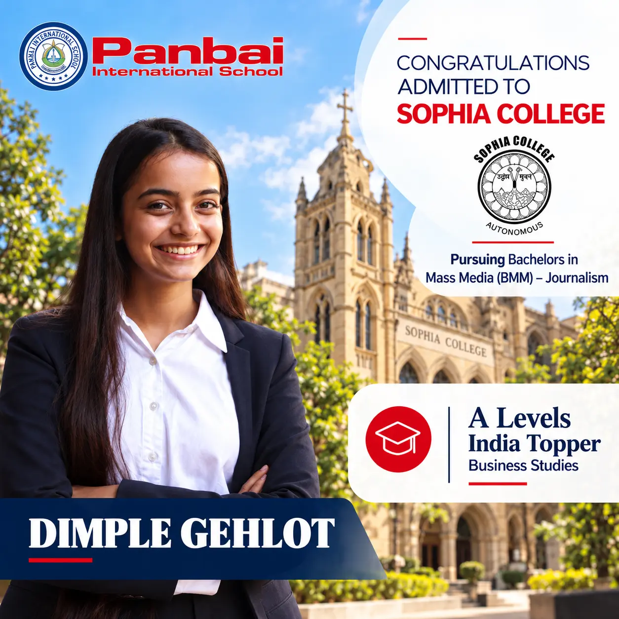 Panbai International School A Level India Topper Dimple Gehlot admitted to Sophia College for Mass Media Journalism in Mumbai.