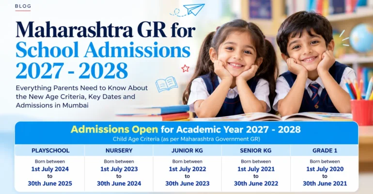 Maharashtra GR for school admissions 2027–28, featuring age criteria for Playschool to Grade 1 in Mumbai.