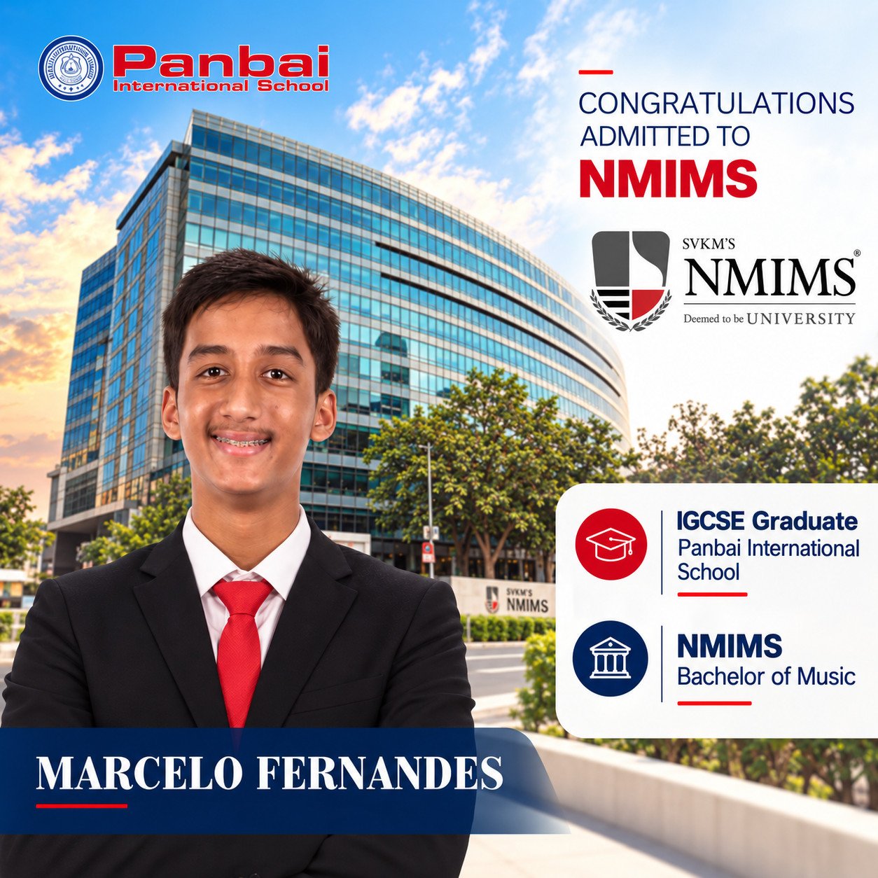 Alt Text Marcello Fernandes admitted to NMIMS to pursue a Bachelor of Music, featured by Panbai International School.
