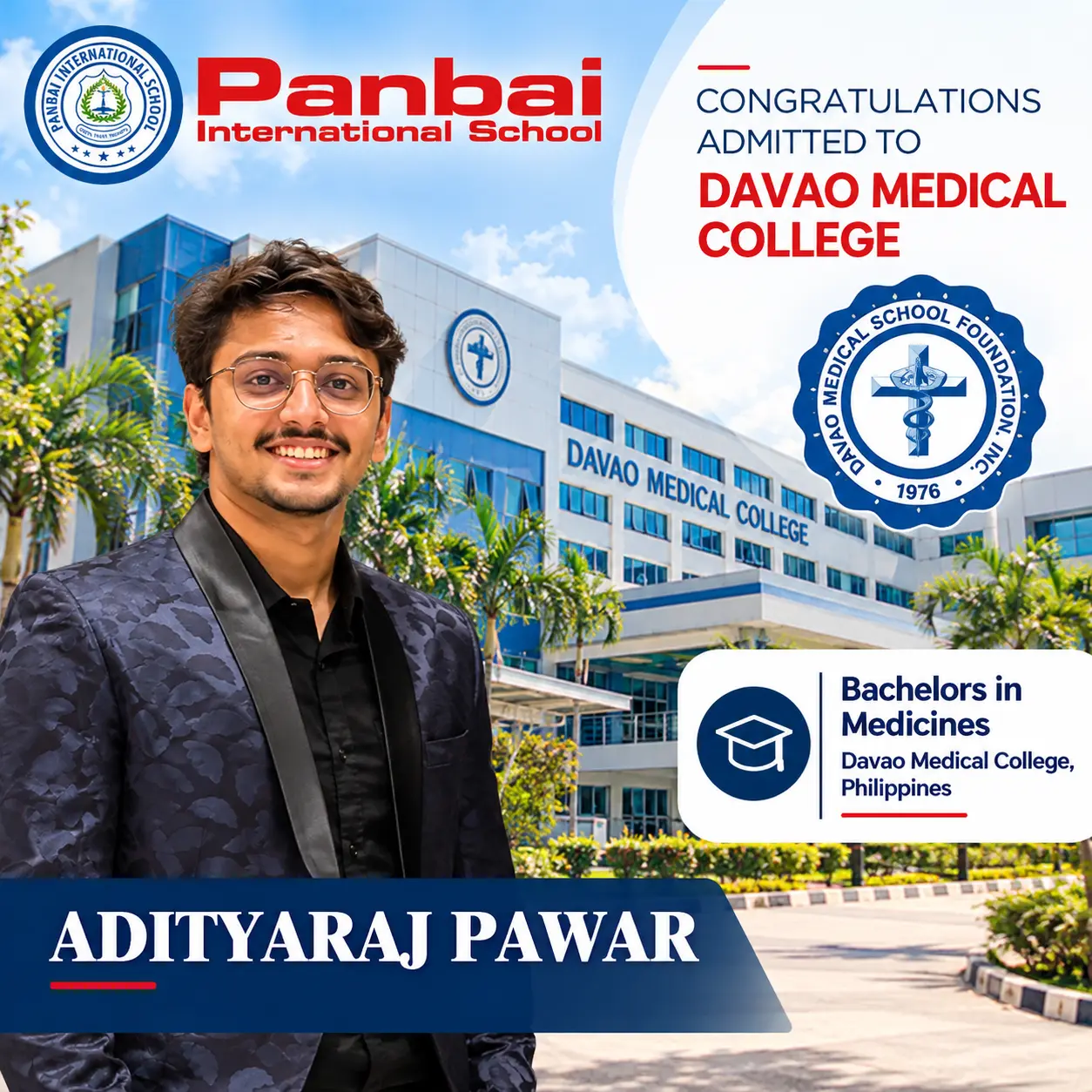 Adityaraj Pawar, Panbai International School alumnus, admitted to Davao Medical College, Philippines, to pursue medicine.