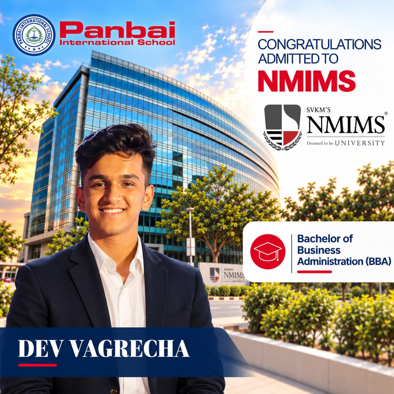 Dev Vagrecha admitted to NMIMS for a Bachelor of Business Administration (BBA), featured by Panbai International School.