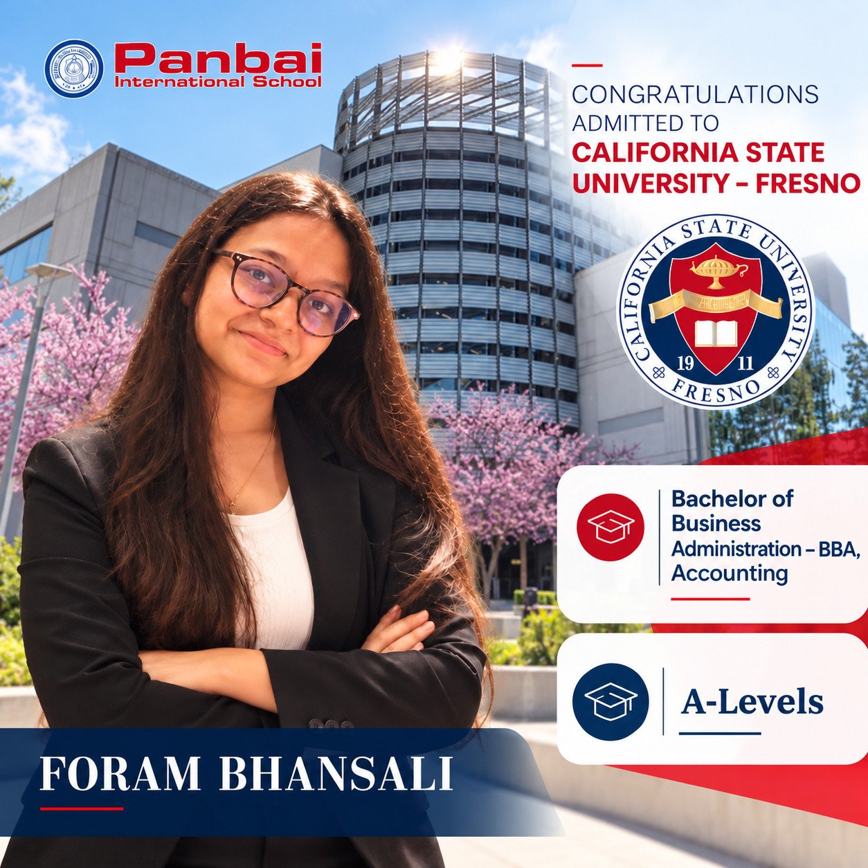 Foram Bhansali admitted to California State University, Fresno for a Bachelor of Business Administration in Accounting.